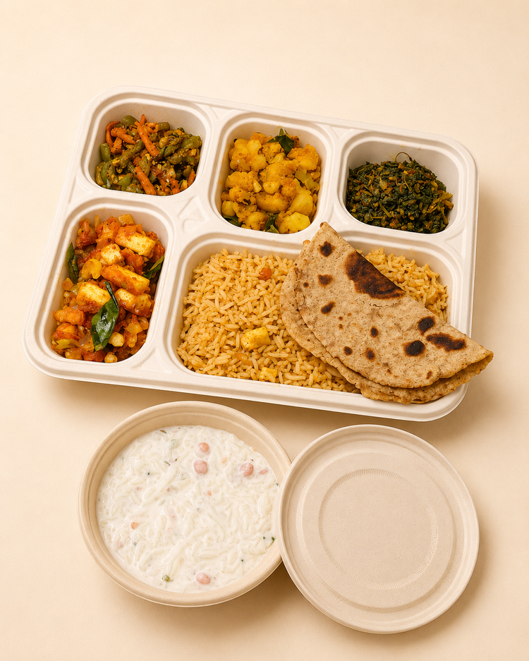 EquiBowl Power Veg meal with chapathi, vegetable sides, flavoured rice and millet curd rice
